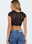 Top Sheer lace material Double tie fastening at front V-neckline Cap sleeve  Good stretch Unlined 