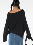 Knit sweater Wide neckline, drop shoulder, split at side hem Good stretch, unlined 