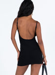 Black mini dress Mesh material Adjustable shoulder straps Low back Good stretch Fully lined