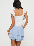 High rise shorts Textured material, tiered ruffles, lace detail, invisible zip fastening at side