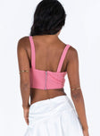 Pink crop top Fixed shoulder straps V neckline Lace detail Zip fastening at back Pointed hem