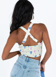 Crop top Floral print Adjustable shoulder straps Wired cups Shirred design Cross back straps  Good stretch Partially lined