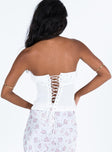 White strapless top Ruched bust Lace up details throughout Tie fastenings Non stretch Lined bust