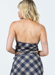 Halter top Tartan print V neckline Elasticated band at back Tie front fastening Split hem