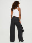 Pants Wide-leg, mid-rise, contrast white stitching, twin hip pockets, oversized pockets on back Belt looped waist, button zip fastening 