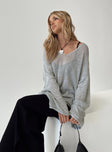 Grey sweater Sheer knit material V neckline Drop shoulder Rolled hem and cuff Good stretch Unlined 