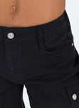 Black cargo jeans Mid rise Black denim Belt looped waist Zip and button fastening Four pocket design  Faux back pockets Wide leg