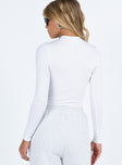 White long sleeve bodysuit High neckline Cheeky style bottom Press clip fastening  Good stretch