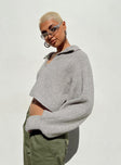 Grey cropped sweater Soft knit material V neckline Oversized collar Balloon style sleeves Drop shoulder