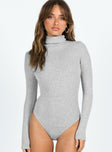 Long sleeve bodysuit Ribbed material Turtle neck Brief style bottom Press clip fastening Good stretch Unlined 