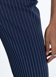 Pants Pinstripe print Belt looped waist Zip and button fastening at front Two faux pockets at back Straight leg