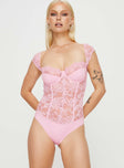 Pink bodysuit Bodysuit Slim fitting sheer lace material cap sleeve