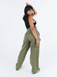 Cargo pants High rise Belt looped waist Zip and button fastening Drawstring at waist Seven pocket design Faux back pockets Straight leg