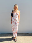 Maxi dress Floral print Adjustable shoulder straps with tie fastening at back Scooped neckline Lace detail Low back Invisible zip fastening at back