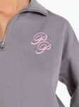 Princess Polly Quarter Zip Sweatshirt Cursive Text Charcoal / Light Pink Princess Polly  Cropped 