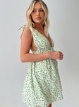 Floral mini dress Plunging neckline, tie fastening shoulder straps, elasticated waistband Non-stretch material, lined bust