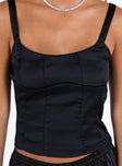 Black crop top Silky material Adjustable shoulder straps Scooped neckline Non stretch Lined bust