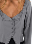 Grey long sleeve top Sheer design  Wide neckline  Detailed trimming  Button front fastening  Tie fastening at cuffs