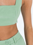 Green matching set Soft brushed material Crop top Invisible zip fastening at side High waisted pants Wide relaxed leg Belt loops at waist Zip & button fastening Non-stretch Lined top