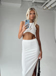 Matching set Ribbed material Crop tank top High waisted midi skirt Elasticated waistband High side slit 