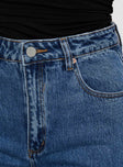 High rise jean, mid-wash denim Relaxed leg, five pocket designs, belt looped waist, button & zip front fastening 