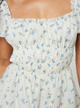 Floral print playsuit Puff sleeve, square neckline, ruched bust, elasticated waistband, twin tie fastening at back