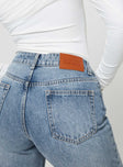 Wide leg jeans mid-wash denim Belt looped waist five pocket design zip and button fastening