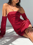 Red mini dress Silky material Off the shoulder design Inner silicone strip at bust Invisible zip fastening at back Fixed sleeves at side