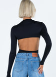 Black long sleeve bodysuit High neck Cut out at back High cut leg Cheeky style bottom Press clip fastening  Good stretch Unlined 