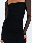 Black long sleeve midi dress Mesh material Sheer sleeves Elasticated shoulders Fixed ruching down sides Invisible zip fastening at back Slit at back Good stretch Fully lined