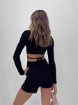 Long sleeve romper Ribbed material   Square neckline  Back tie fastening Exposed back 