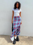 Maxi skirt Plaid print Handkerchief style skirt Invisible zip fastening at side Slight stretch Unlined  