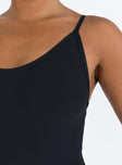 Black jumpsuit Ribbed material Scooped neckline Adjustable shoulder straps Good stretch Unlined 