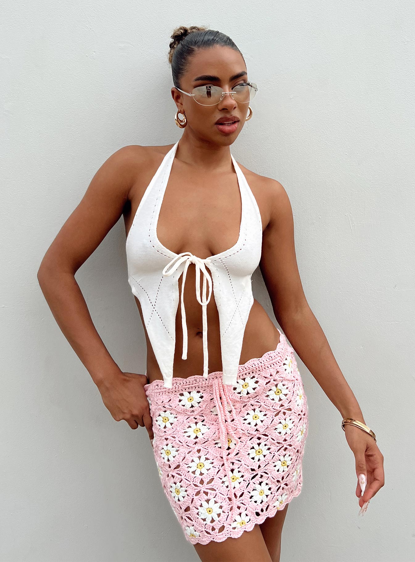 Pink crochet mini clearance skirt