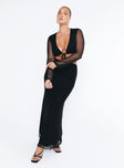 Black matching set slim fitting Mesh material Long sleeve top Deep v neckline Tie fastening at front Maxi skirt Good stretch Partially lined