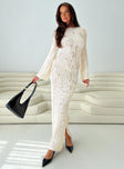 Long sleeve maxi dress Wide neckline, low back, flared sleeves, high leg slit Good stretch, unlined, sheer