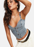 Denim top Sweetheart neckline, contrast stitching, shirred back Adjustable straps, button fastening at front 