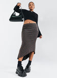 Midi skirt Sparkle material Asymmetrical lettuce edge hem Good stretch Partially lined