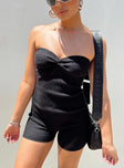 Strapless romper Ribbed knit material Inner silicone strip at bust Knot detail 