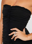 Strapless mini dress Ruching all throughout, center frill detail along front, two tiered frill hem