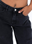 Jeans Black denim High rise Belt looped waist Zip and button fastening Classic five pocket design Branded patch at back Rip at thigh Wide leg