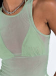 Green two piece top Sheer mesh material Bralette top Triangle style Tie fastenings Tank top Lettuce edge hem Good stretch Lined bralette