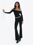 Long sleeve jumpsuit Off the shoulder design Folded neckline Inner silicone strip at bust Good stretch Lined bust