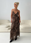 Leopard print maxi dress V-neckline, adjustable shoulder straps with tie fastening, invisible zip fastening at side, tiered design