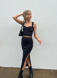 Matching set Ribbed material Crop top Sweetheart neckline Midi skirt Thick elasticated band at waist Good stretch Unlined 