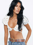 Crop top Floral print Puff sleeve  Wired cups Open back with clasp and tie fastening