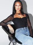 Long sleeve black bodysuit slim fitting Mesh material Ruches bust Exposed back Twin tie fastening at back High cut leg Cheeky style bottom Press clip fastening