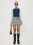 denim mini skirt hip pockets belt loops mid rise