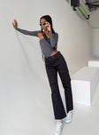 Black cargo pants High rise Belt looped waist Zip and button fastening Faux back pockets Twin leg pockets Straight leg