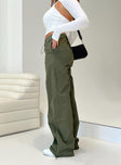 Olive green cargo pants Drawstring waist Twin hip pockets Straight leg Extra cargo style leg pockets Drawstring cuff Non-stretch Unlined